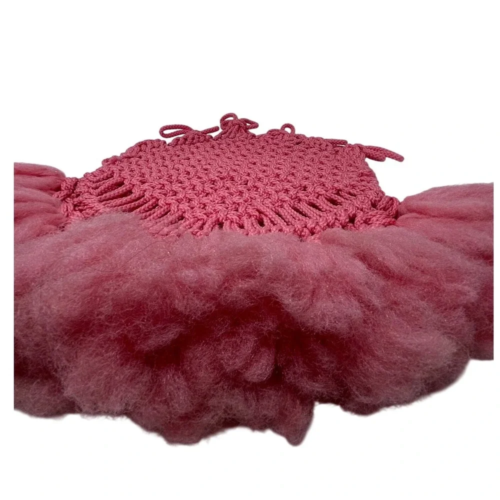 Handmade Pink Macrame‎ Fiber Art Vintage Wall Pocket Hanging Fringe Boho Decor